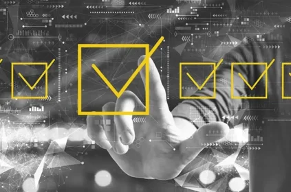 A person pointing at 6 yellow checkboxes, overlaid with computer imagery