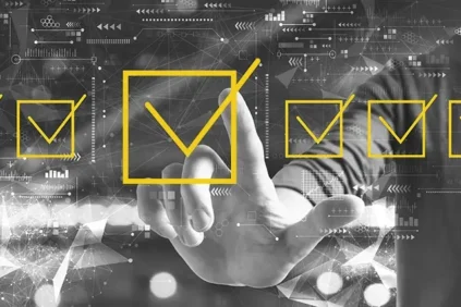 A person pointing at 6 yellow checkboxes, overlaid with computer imagery