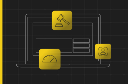 Outline of a laptop with line art of legal hammer, speedometer, and avatar.