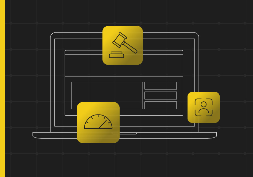 Outline of a laptop with line art of legal hammer, speedometer, and avatar.