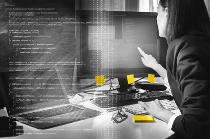 A woman looking at a computer screen, overlaid with terminal output