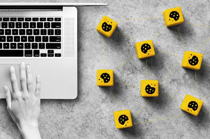 Hand on a laptop with wooden blocks next to them. Cookie icon on each block.