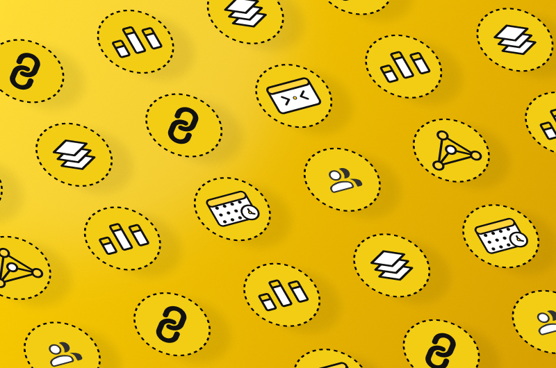 Rows of icons indicating different website functions on a yellow background