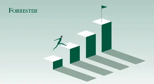 Man leaping up increasingly tall platforms, the tallest of which has a flag planted in the center