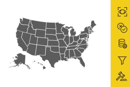 Map of US in black with icons of 5 privacy principles on the right