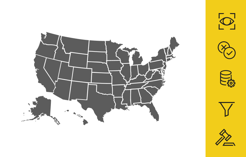 Map of US in black with icons of 5 privacy principles on the right