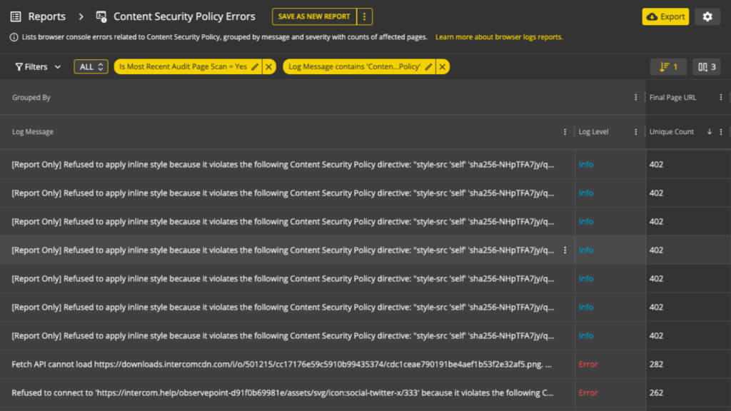 Browser console logs report screenshot