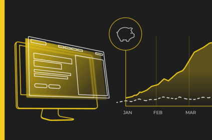 Yellow and black monitor, bar graph, and piggy bank