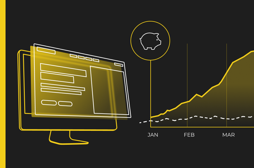 Yellow and black monitor, bar graph, and piggy bank