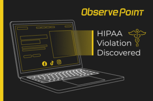 Laptop screen displaying website tracking icons with the headline “HIPAA Violation Discovery” highlighting risks of tracking pixels in healthcare environments.