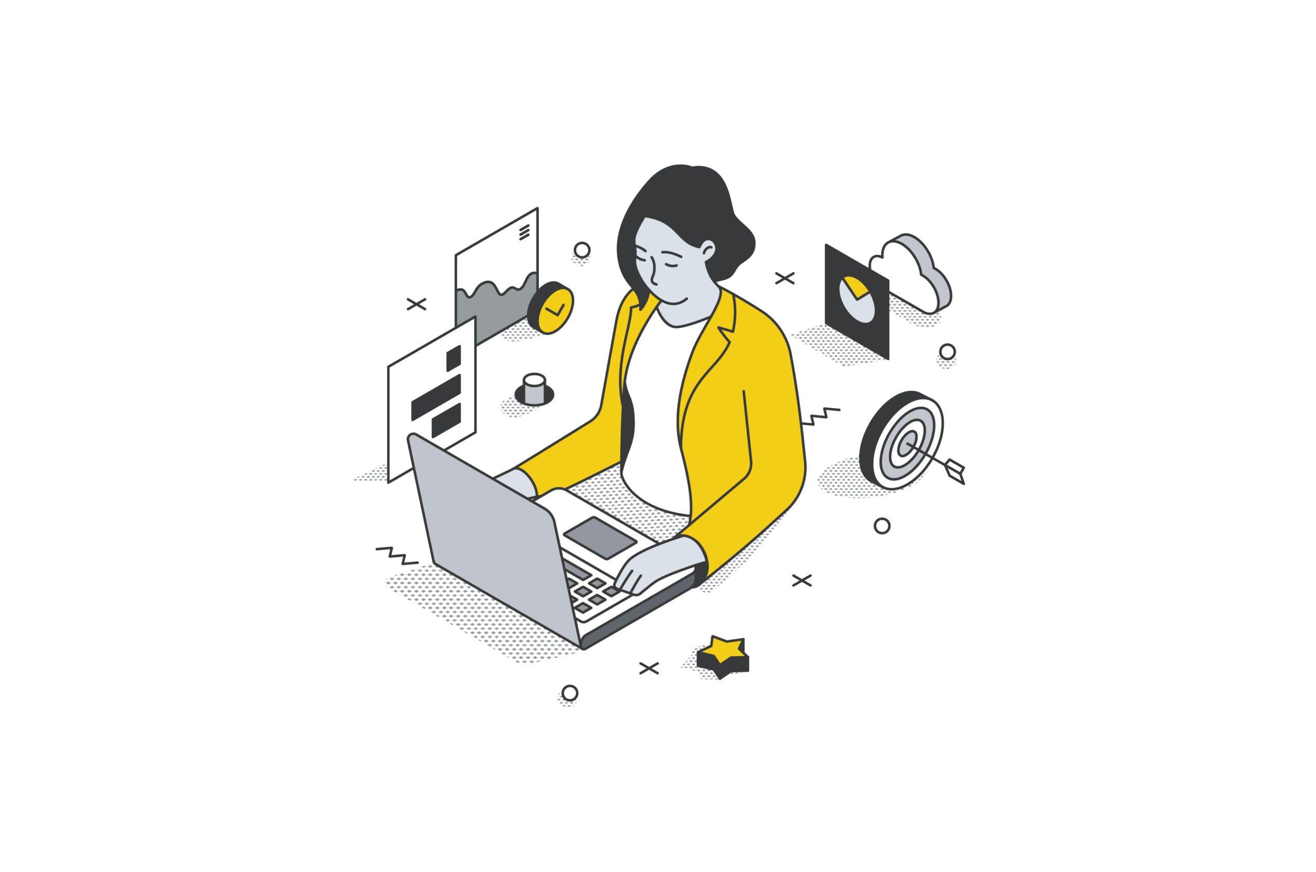 Illustrated woman with a laptop surrounded by charts and graphs.