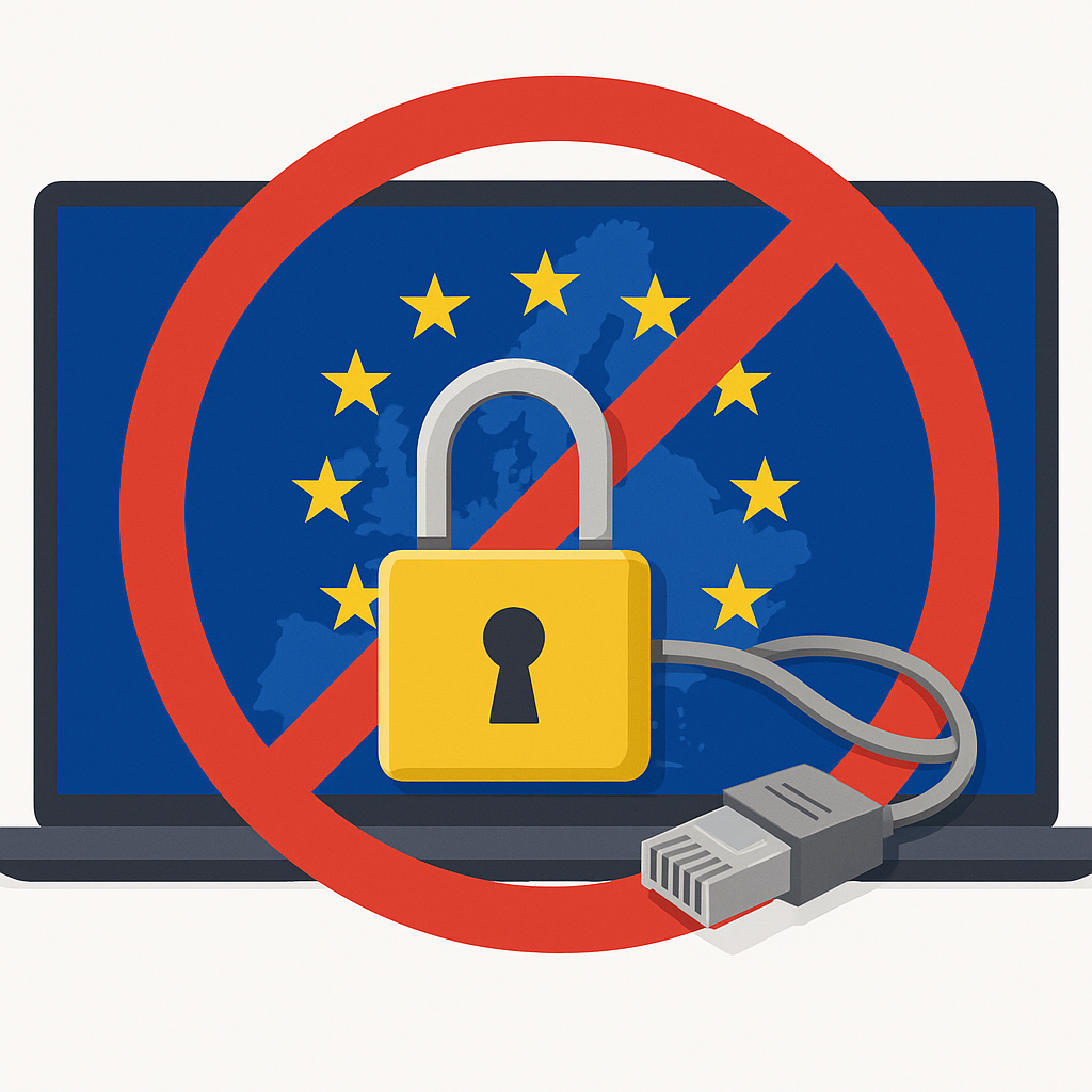 Padlock and cables over the EU flag.