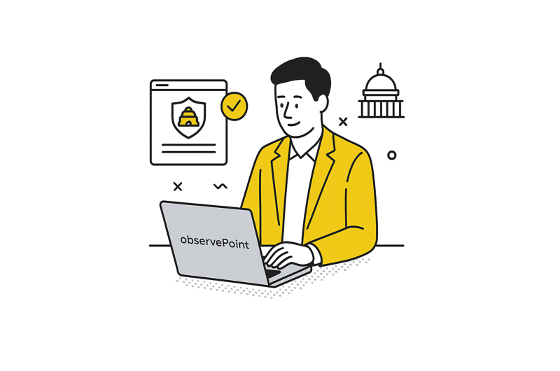 Illustration of man with laptop with Utah government buildings in the background.