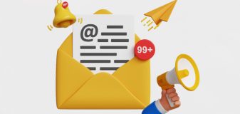 mail coming out of envelope with bell, airplane, and megaphone icons