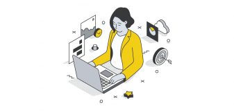 Illustrated woman with a laptop surrounded by charts and graphs.
